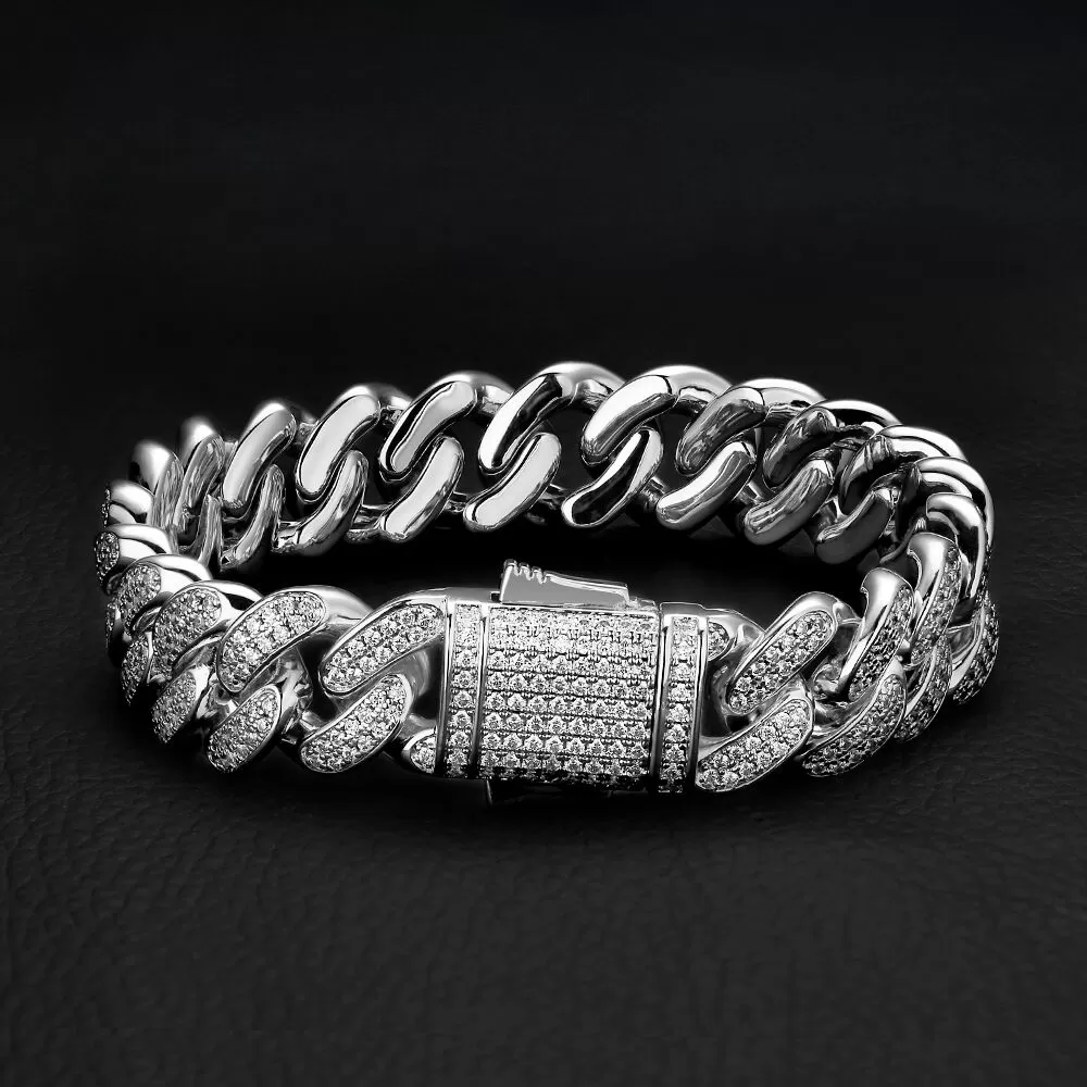 12mm Iced Out Cuban Link Bracelet for Men's in White Gold KRKC