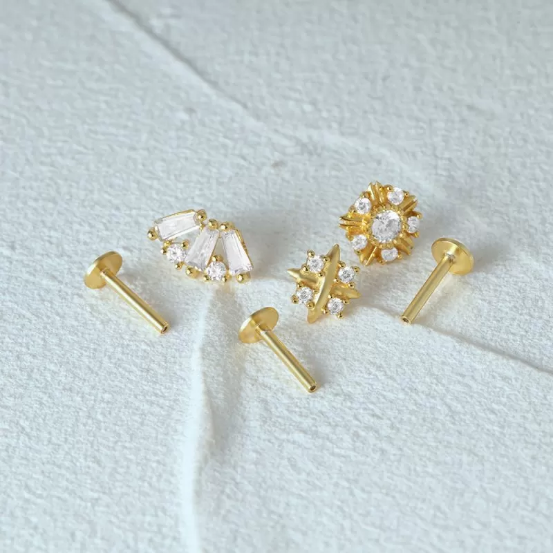 14K Solid Gold Baguette Cz Flat Back Earrings