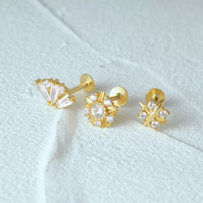 14K Solid Gold Baguette Cz Flat Back Earrings