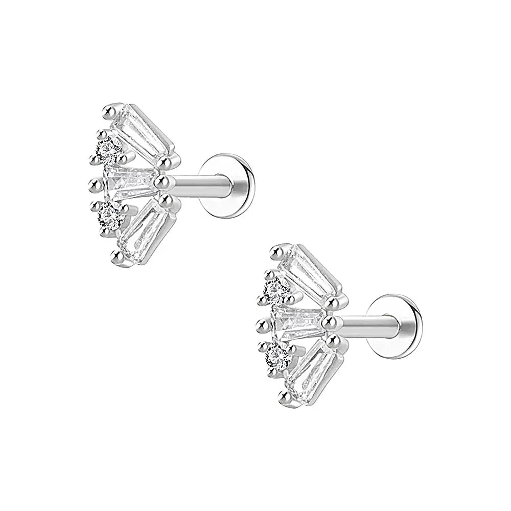 14K Solid Gold Baguette Cz Flat Back Earrings