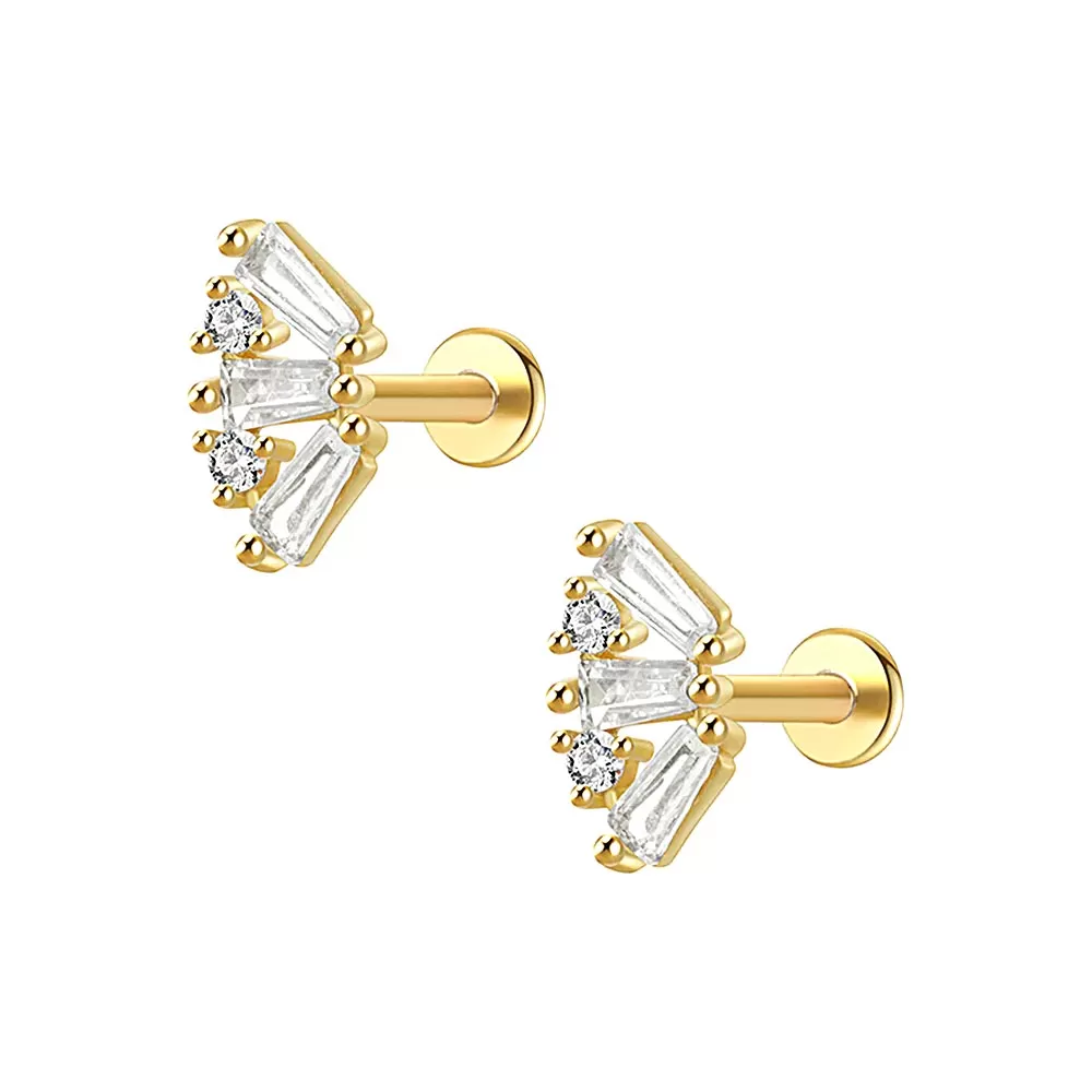 14K Solid Gold Baguette Cz Flat Back Earrings