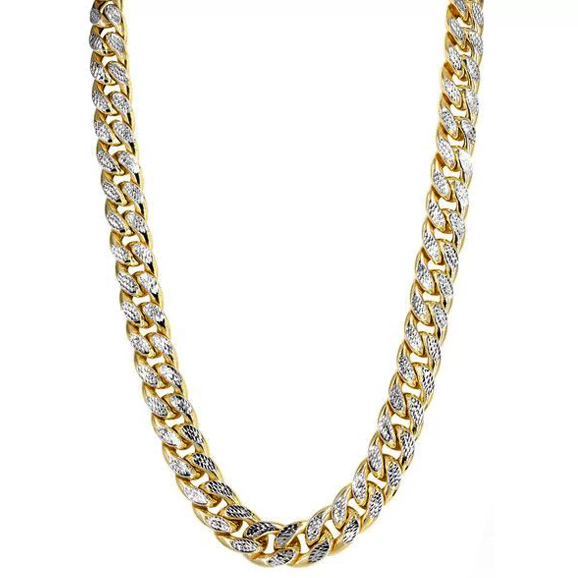 14k Yellow And White Gold Miami Cuban Pave Link Chain Necklace, Width 9.5mm, 22