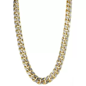 14k Yellow And White Gold Miami Cuban Pave Link Chain Necklace, Width 9.5mm, 22