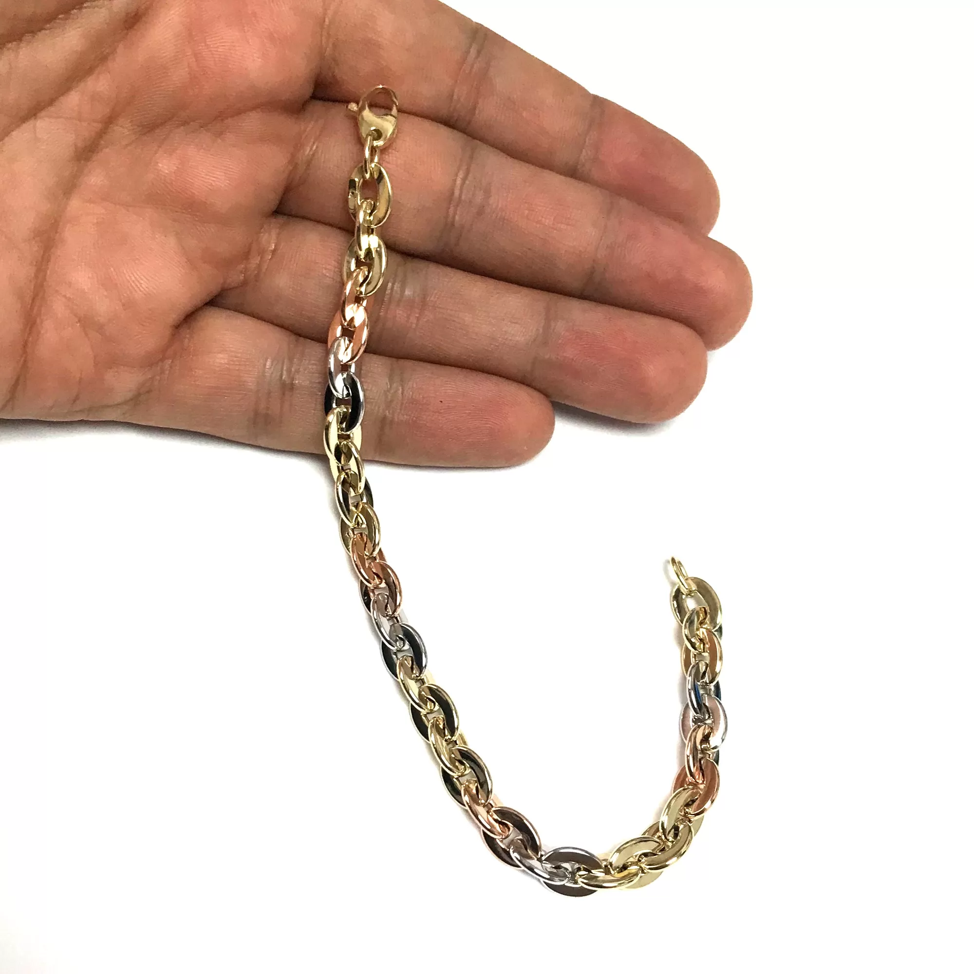 14k Yellow White And Rose Gold Oval Link Bracelet, 7.5