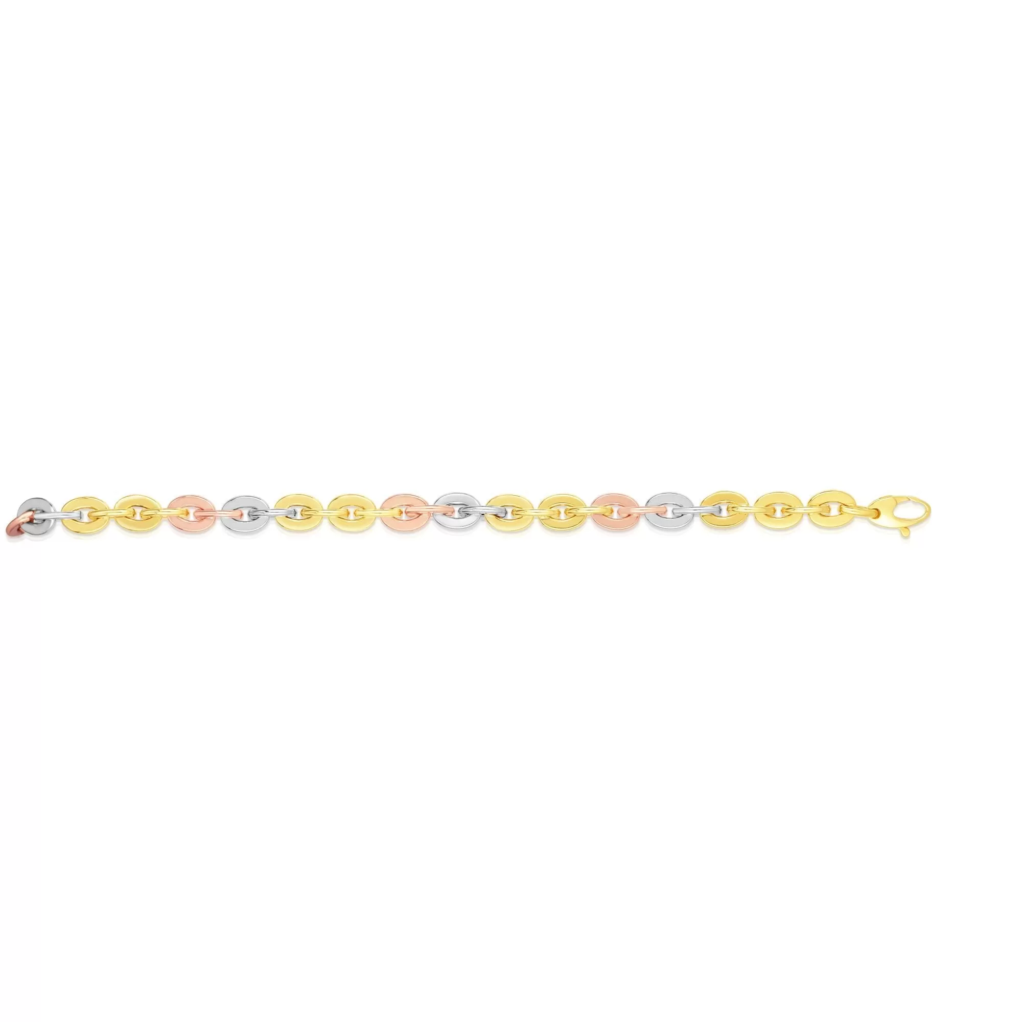 14k Yellow White And Rose Gold Oval Link Bracelet, 7.5