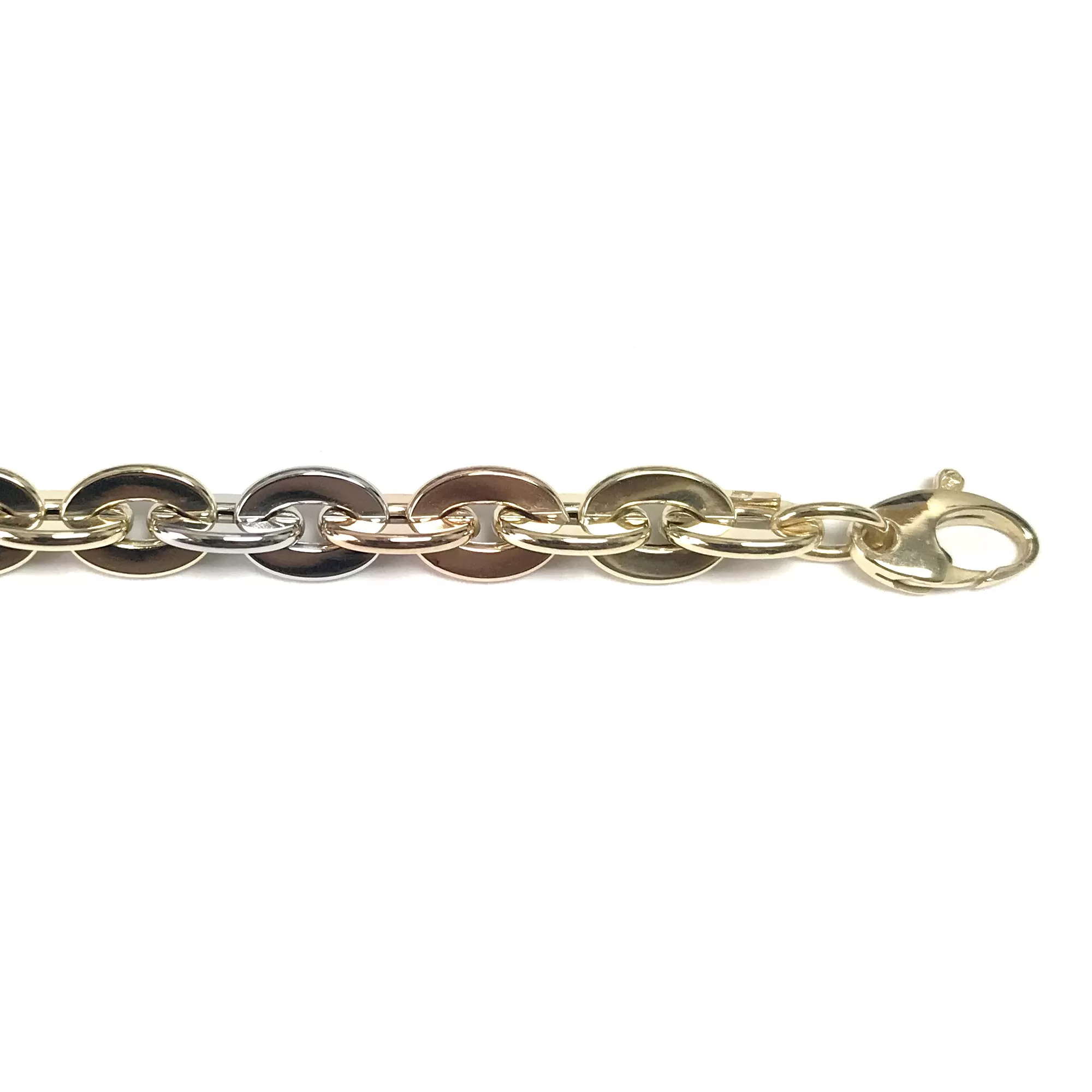 14k Yellow White And Rose Gold Oval Link Bracelet, 7.5