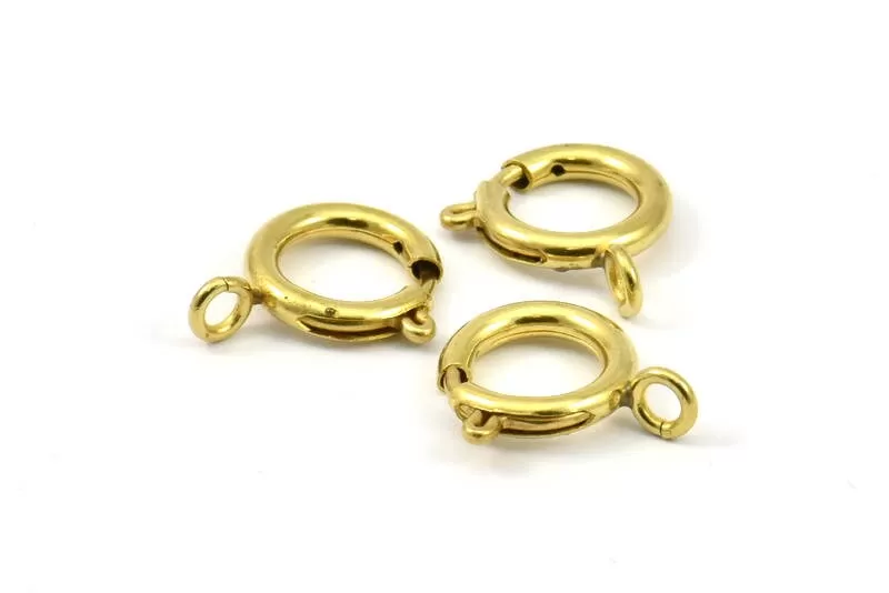 14mm Spring Ring Clasps, 12 Raw Brass Round Spring Ring Clasps with 1 Loop (14mm) A0430 BS 2366