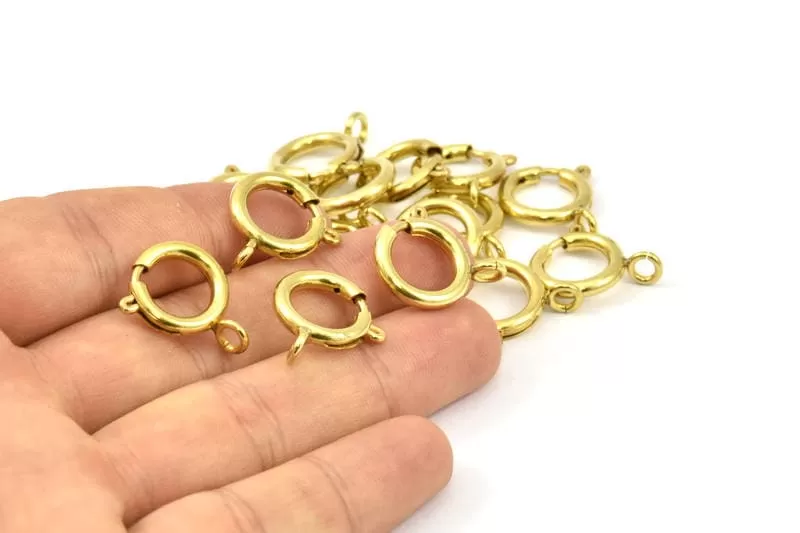 14mm Spring Ring Clasps, 12 Raw Brass Round Spring Ring Clasps with 1 Loop (14mm) A0430 BS 2366