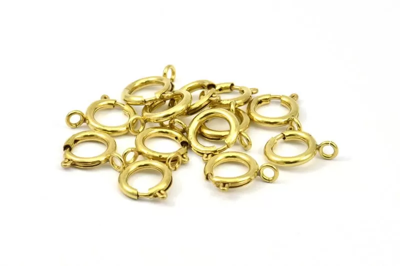 14mm Spring Ring Clasps, 12 Raw Brass Round Spring Ring Clasps with 1 Loop (14mm) A0430 BS 2366