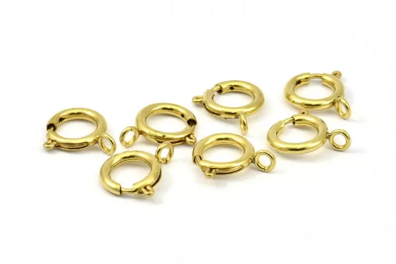 14mm Spring Ring Clasps, 12 Raw Brass Round Spring Ring Clasps with 1 Loop (14mm) A0430 BS 2366