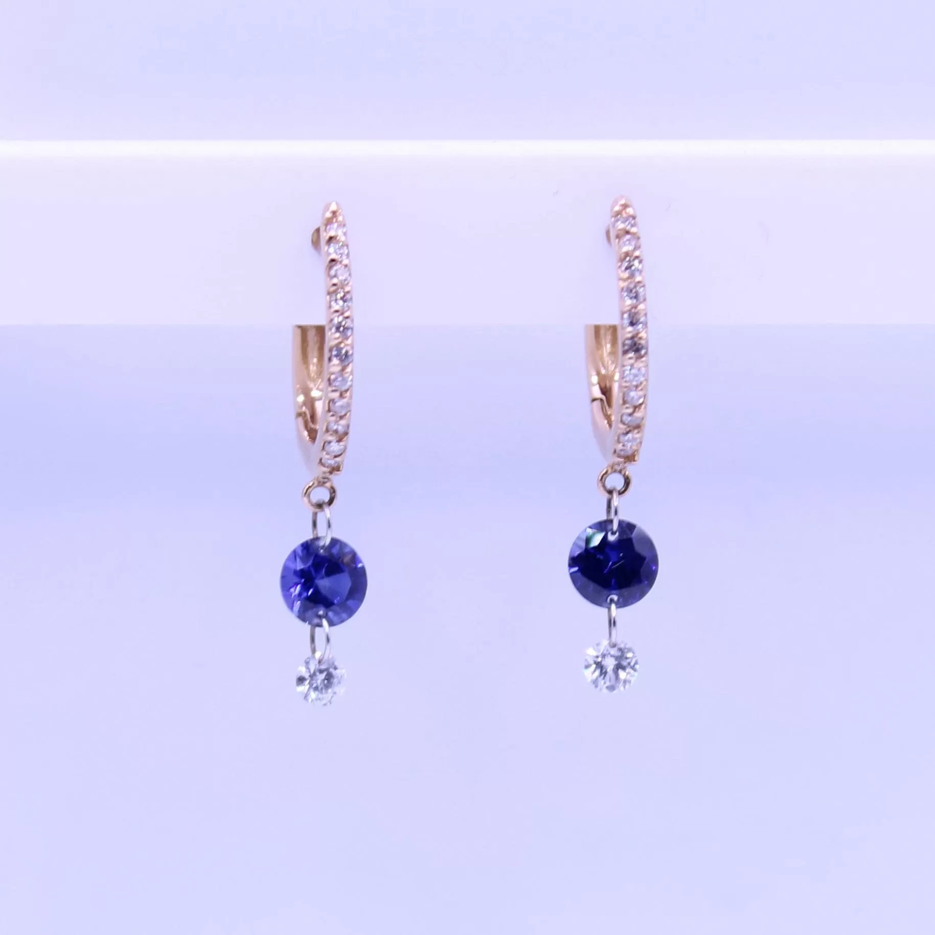 18K Gold Drilled Blue Sapphire and Pave Diamond Huggie Hoops Earrings