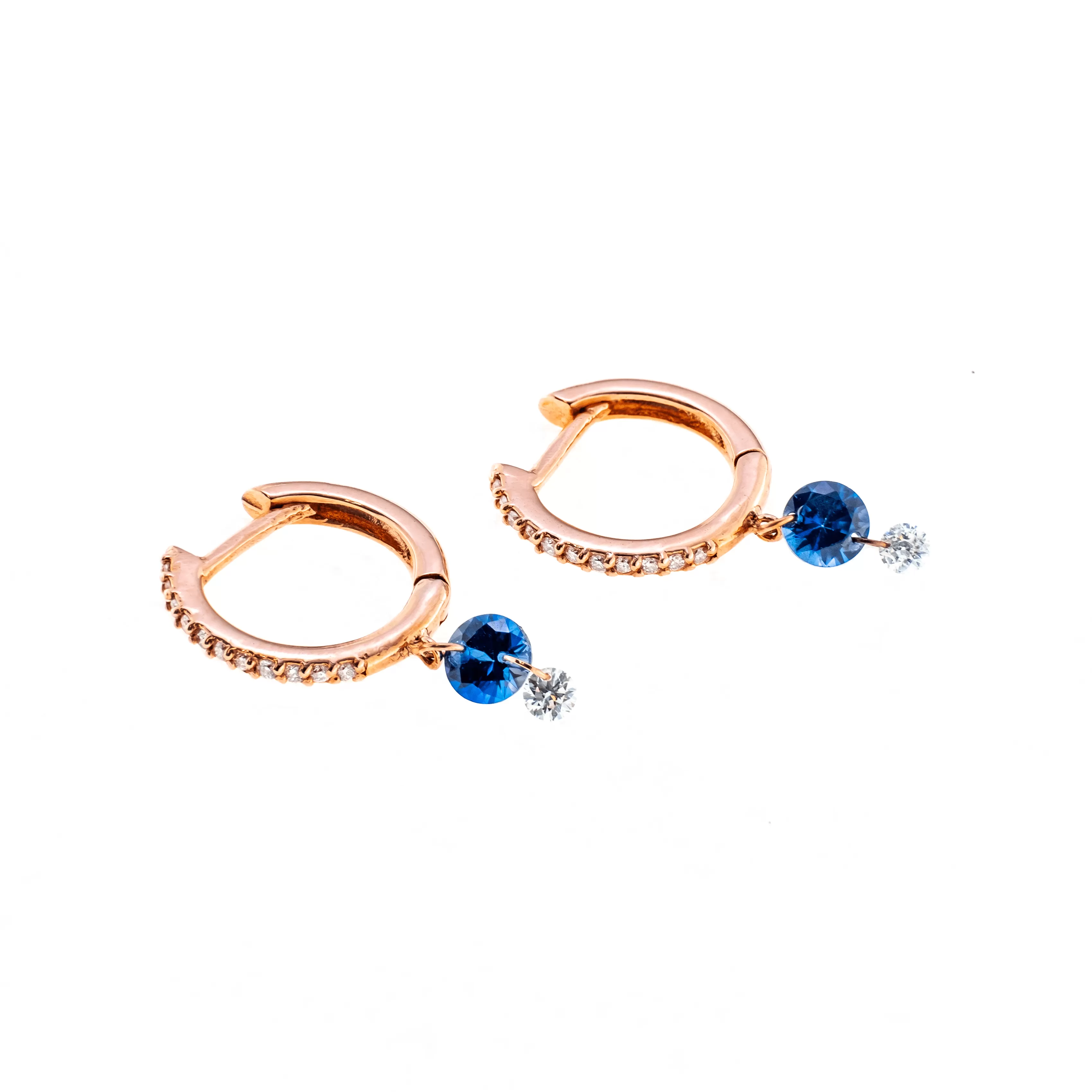 18K Gold Drilled Blue Sapphire and Pave Diamond Huggie Hoops Earrings