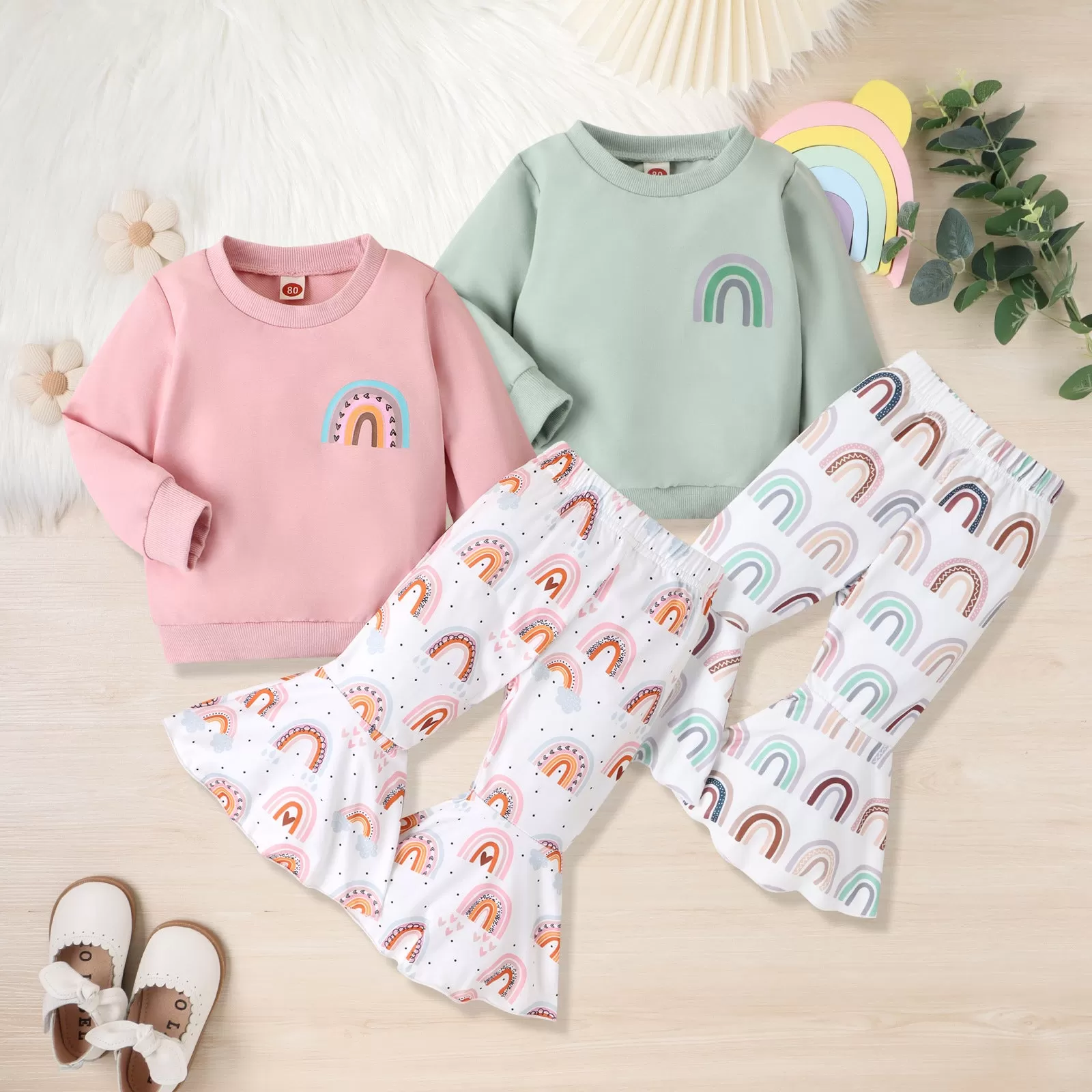 2 Pieces Set Baby Kid Girls Rainbow Tops And Pants Wholesale 24011133