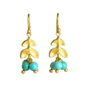 20K Gold Double Laurel Earrings with Dangling Turquoise Beads