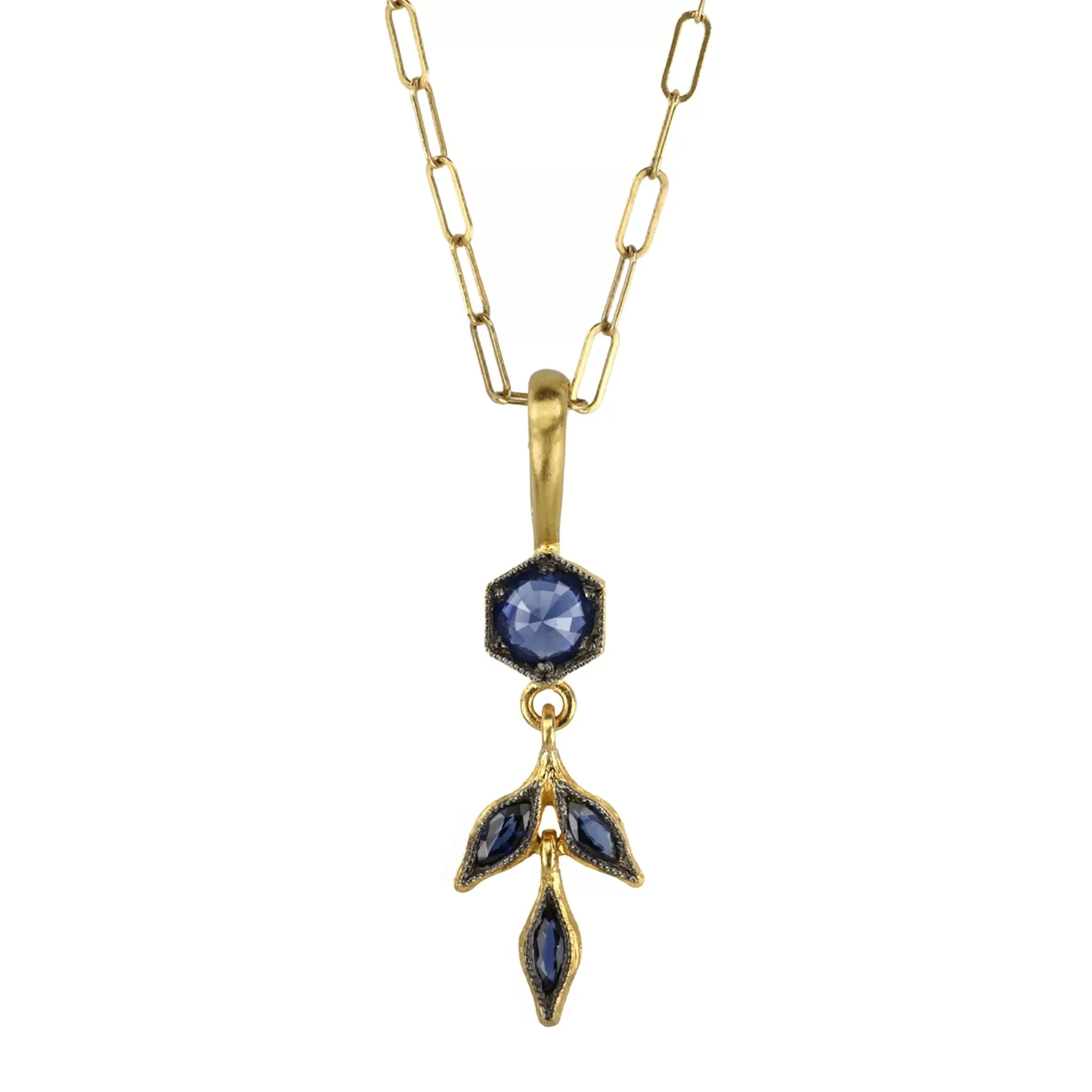 22K Gold Blue Sapphire Marquise Wheat Charm