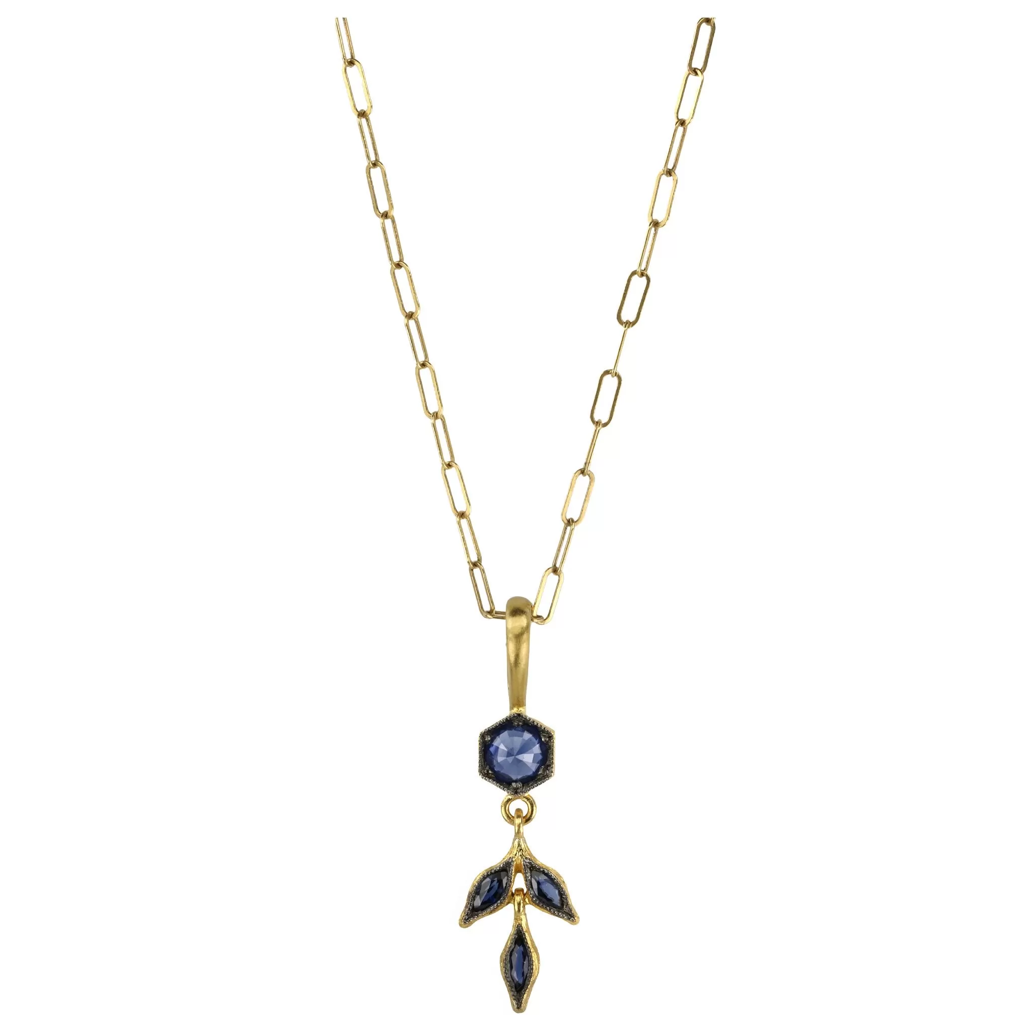 22K Gold Blue Sapphire Marquise Wheat Charm