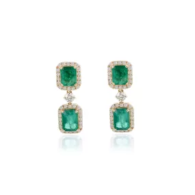 3.77 Ct Real Emerald and Halo Diamond 18k Yellow Gold Dangle Earrings