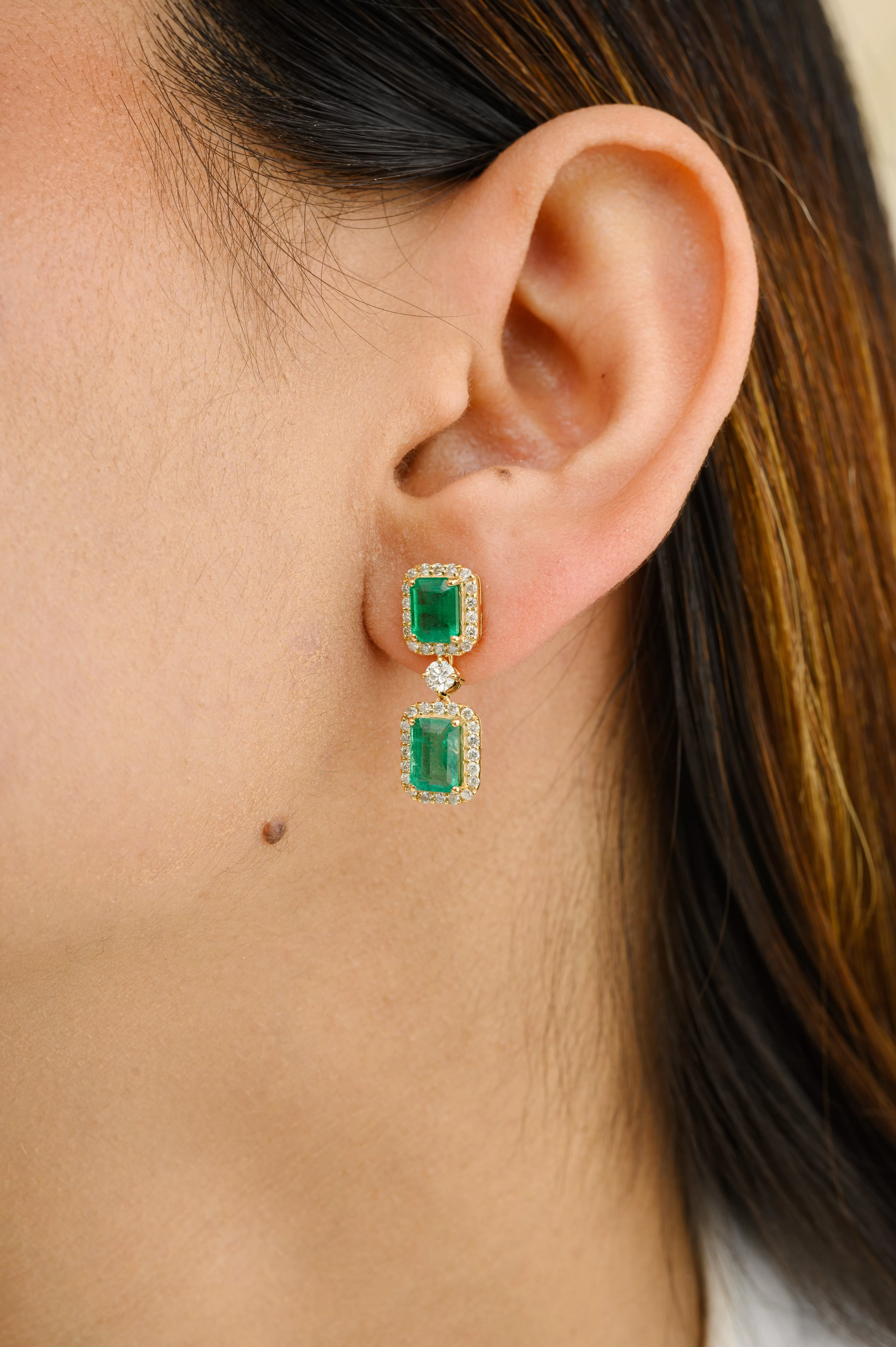 3.77 Ct Real Emerald and Halo Diamond 18k Yellow Gold Dangle Earrings