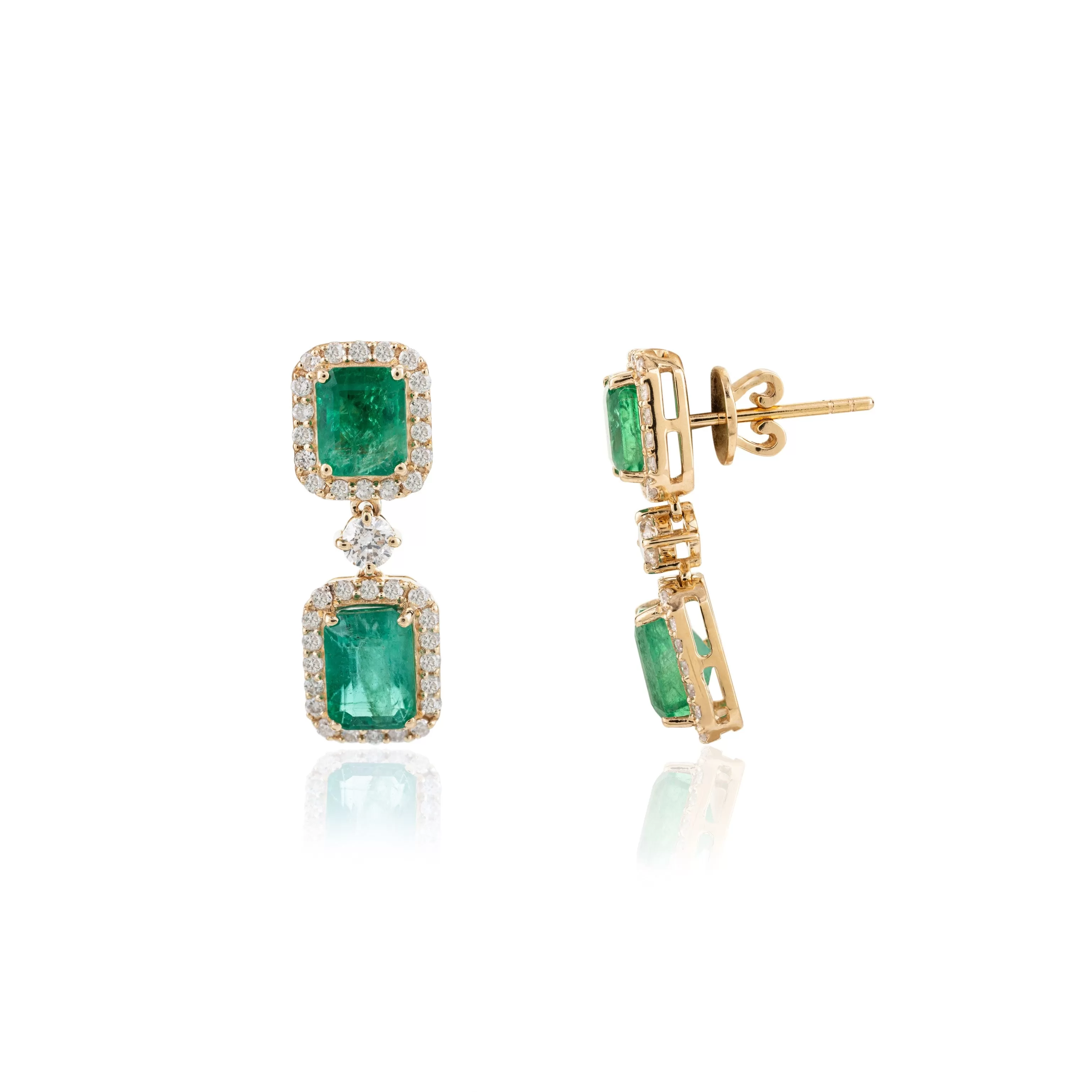 3.77 Ct Real Emerald and Halo Diamond 18k Yellow Gold Dangle Earrings