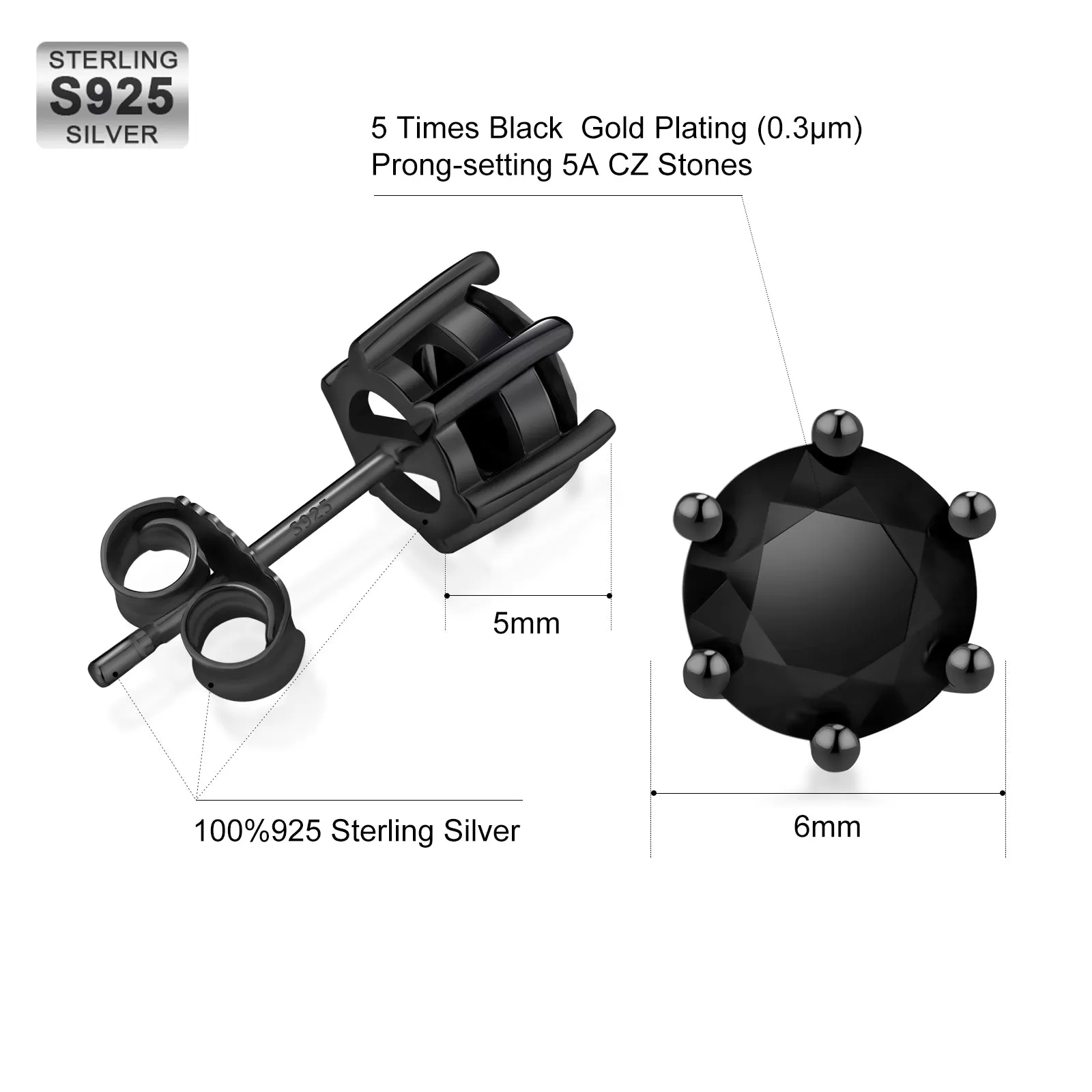 6mm Black CZ Stone Round Iced Stud Earrings for Men