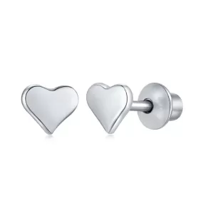 925 Sterling Silver White Gold Heart Baby Children Screw Back Earrings