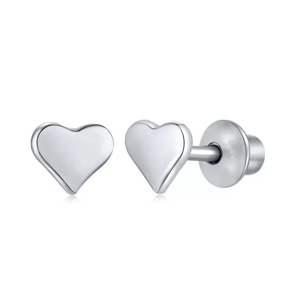 925 Sterling Silver White Gold Heart Baby Children Screw Back Earrings