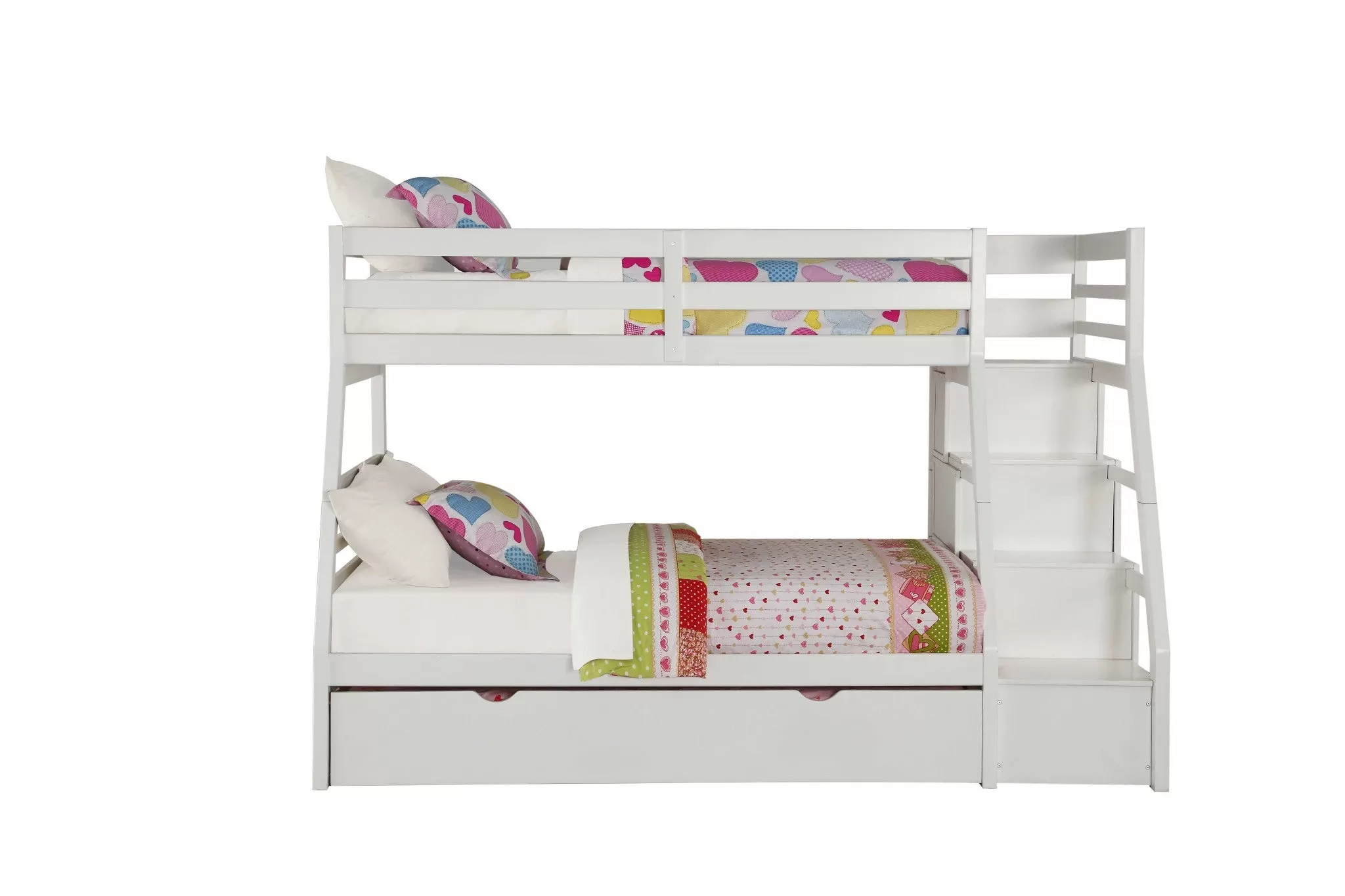 95 X 56 X 65 Twin Over Full White Storage Ladder And Trundle Bunk Bed