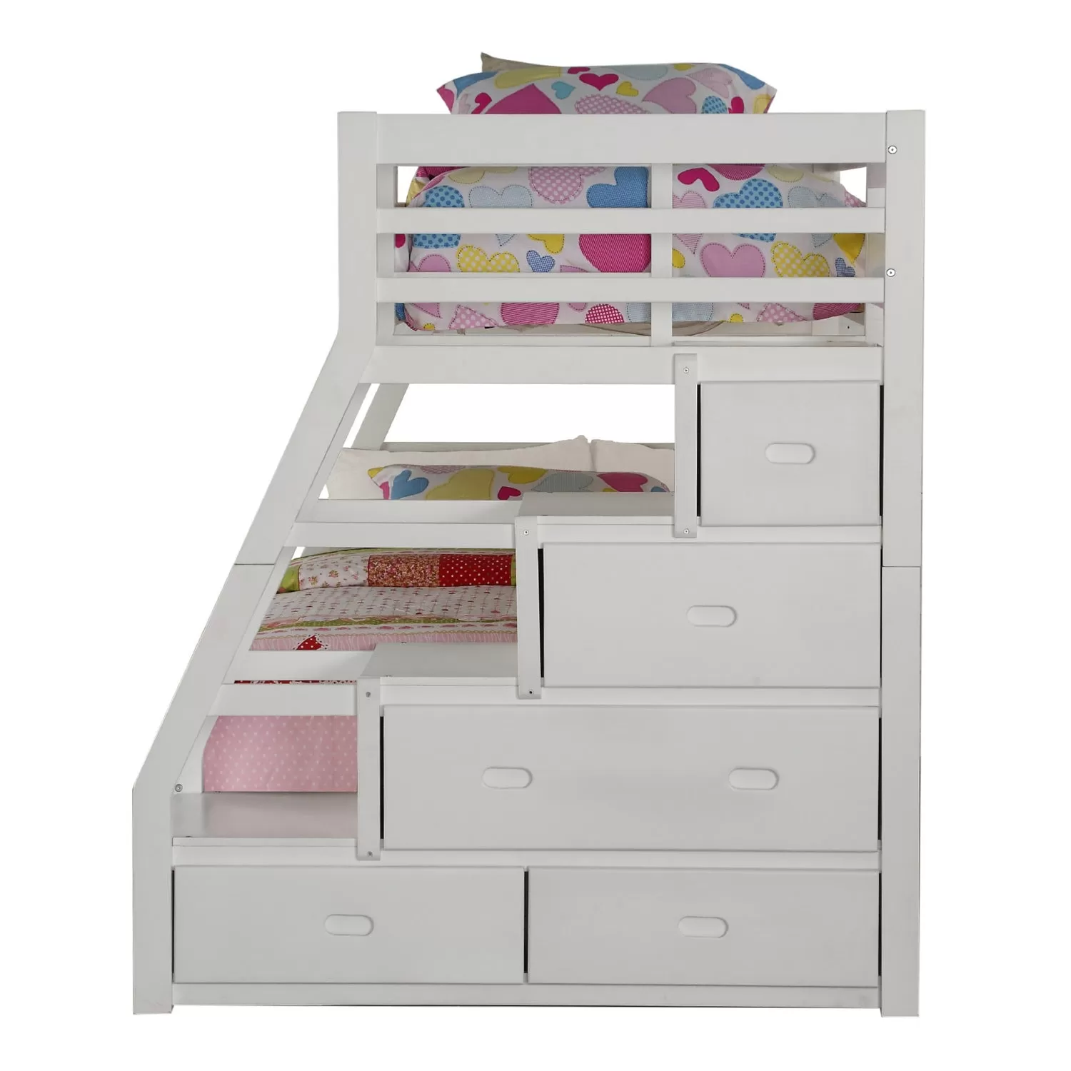 95 X 56 X 65 Twin Over Full White Storage Ladder And Trundle Bunk Bed