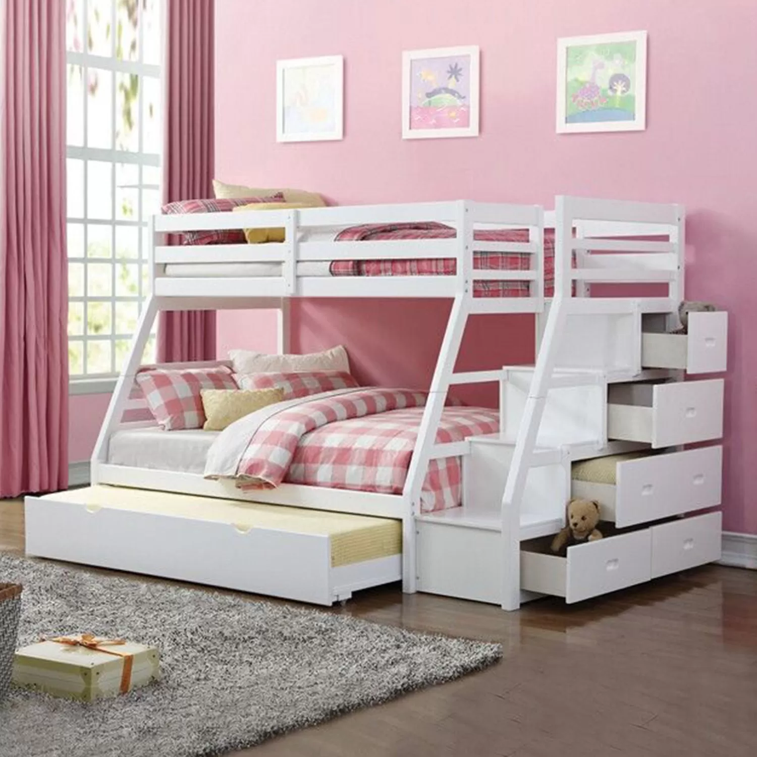 95 X 56 X 65 Twin Over Full White Storage Ladder And Trundle Bunk Bed