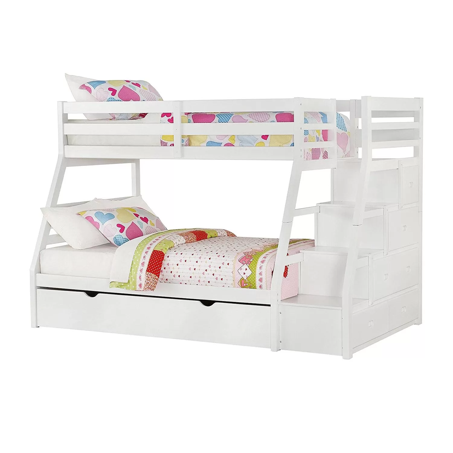 95 X 56 X 65 Twin Over Full White Storage Ladder And Trundle Bunk Bed