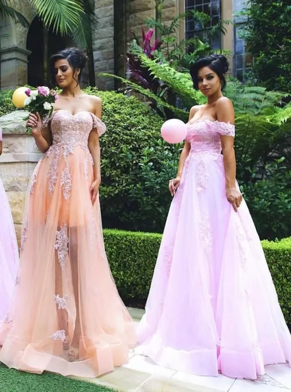 A-Lien Off-the Shoulder Sweep Train Pink Tulle Bridesmaid Dress