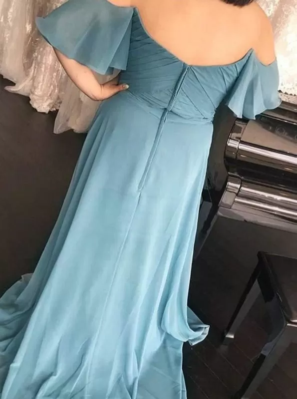 A-Line Off-the-Should Ruched Blue Chiffon Bridesmaid Dress