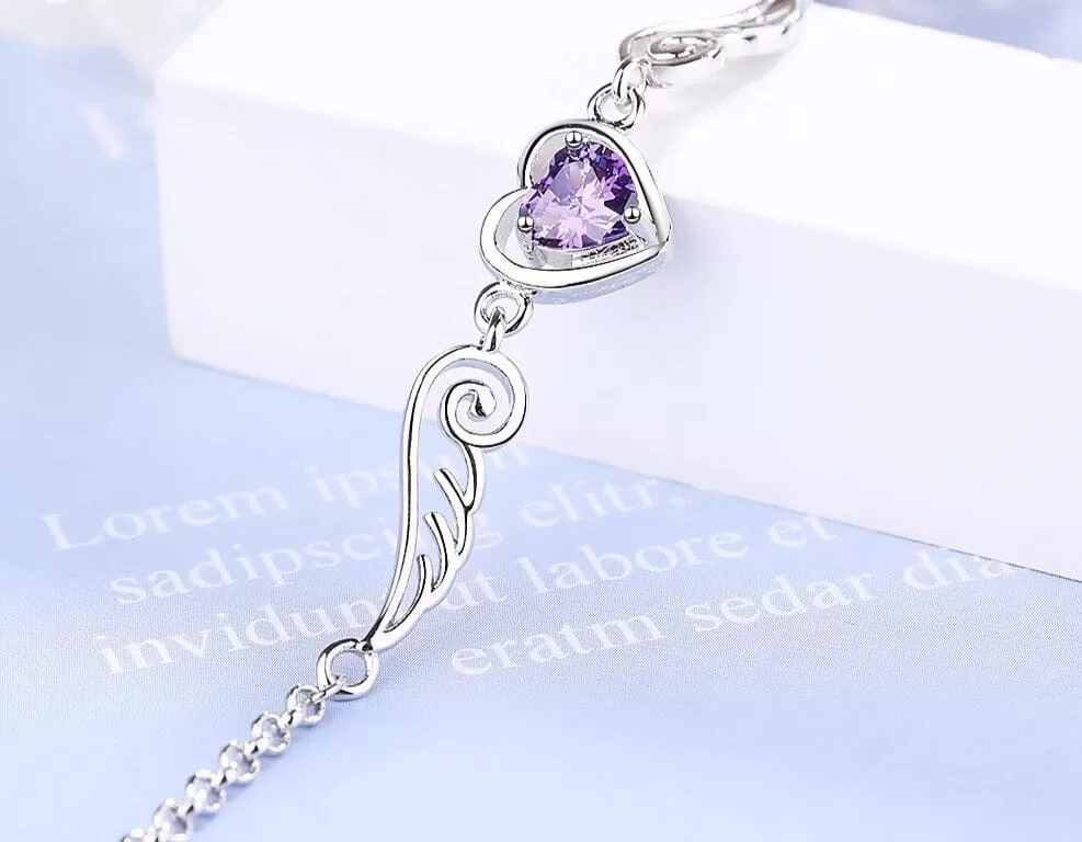 Amethyst Heart Angel Wings Bracelet