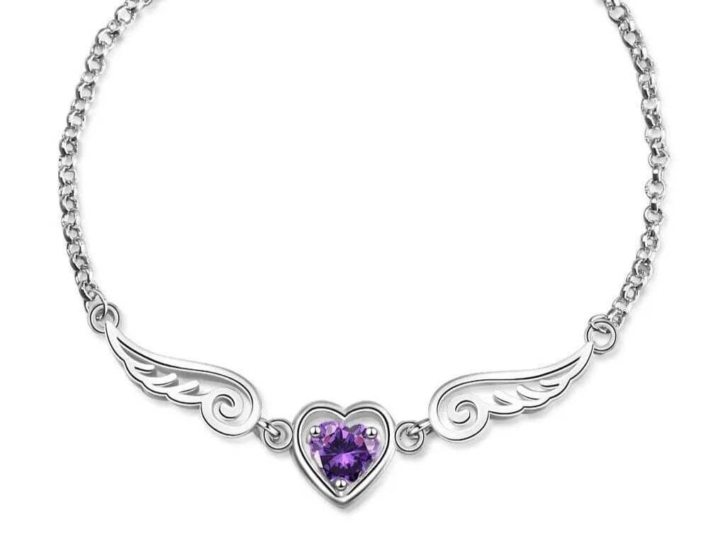 Amethyst Heart Angel Wings Bracelet