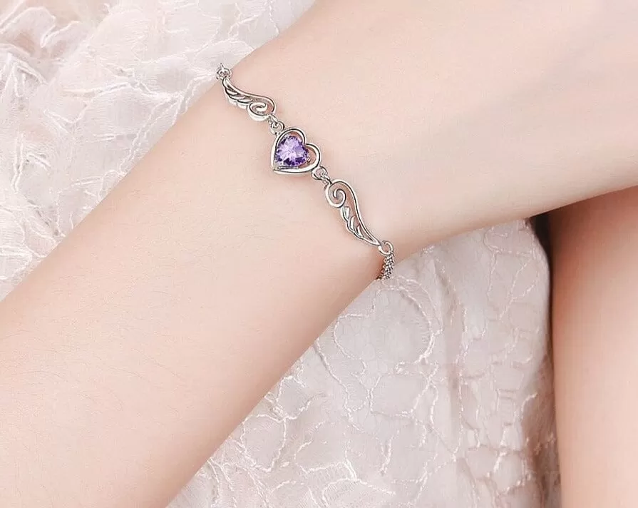 Amethyst Heart Angel Wings Bracelet