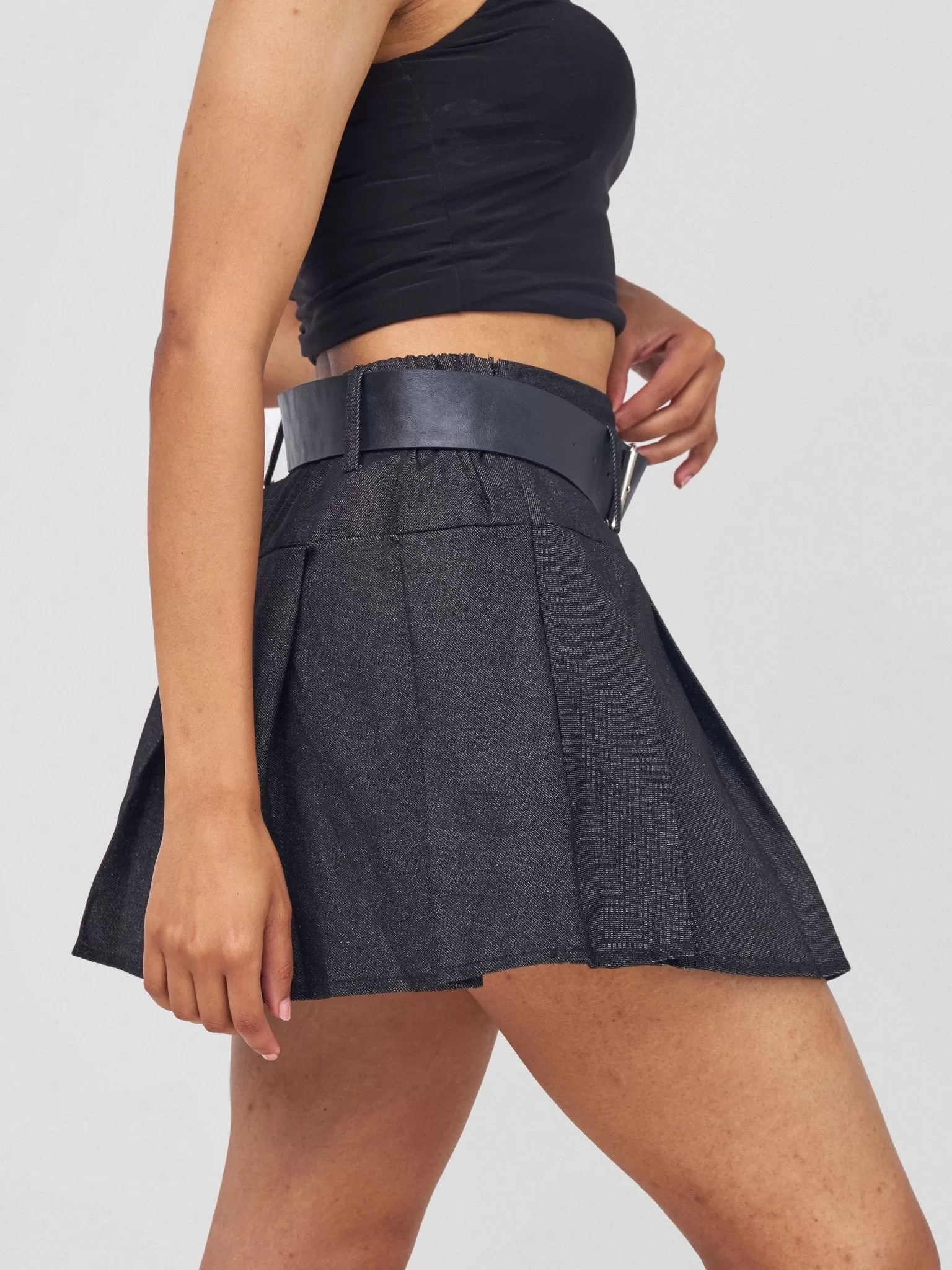 Anika Denim Skater Skirt With Belt - Black