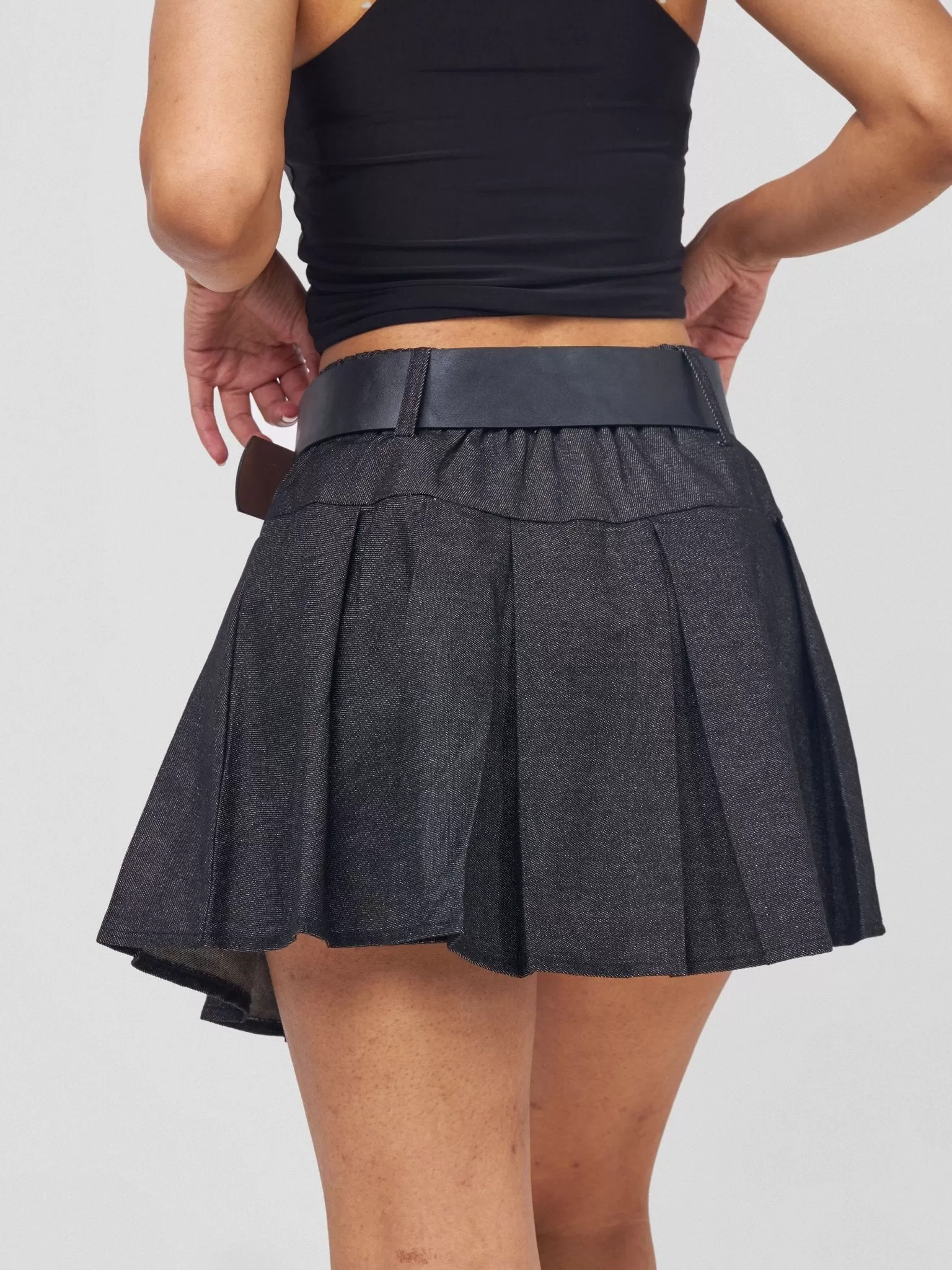 Anika Denim Skater Skirt With Belt - Black