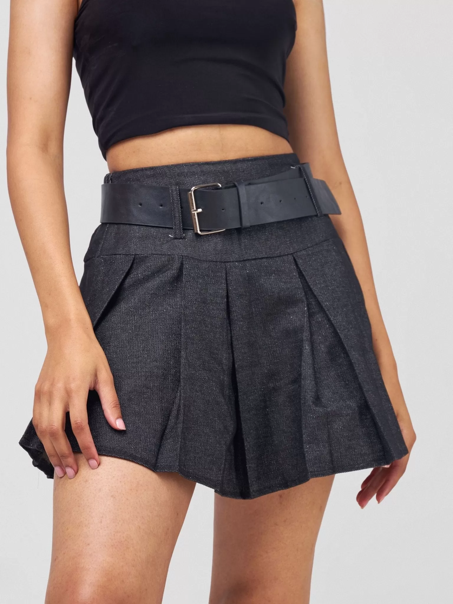 Anika Denim Skater Skirt With Belt - Black