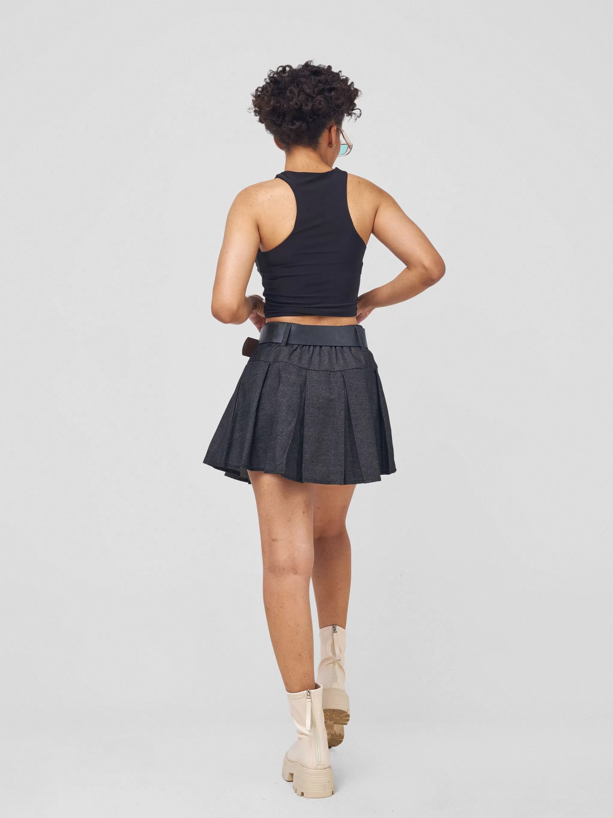 Anika Denim Skater Skirt With Belt - Black