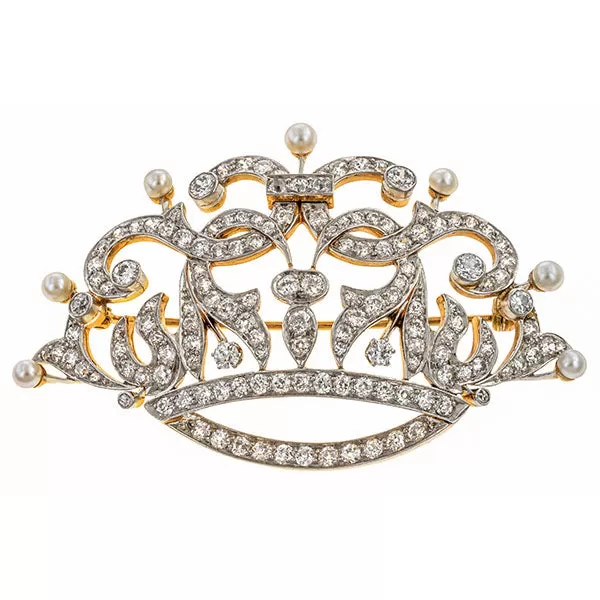 Antique Pearl & Diamond Crown Pin