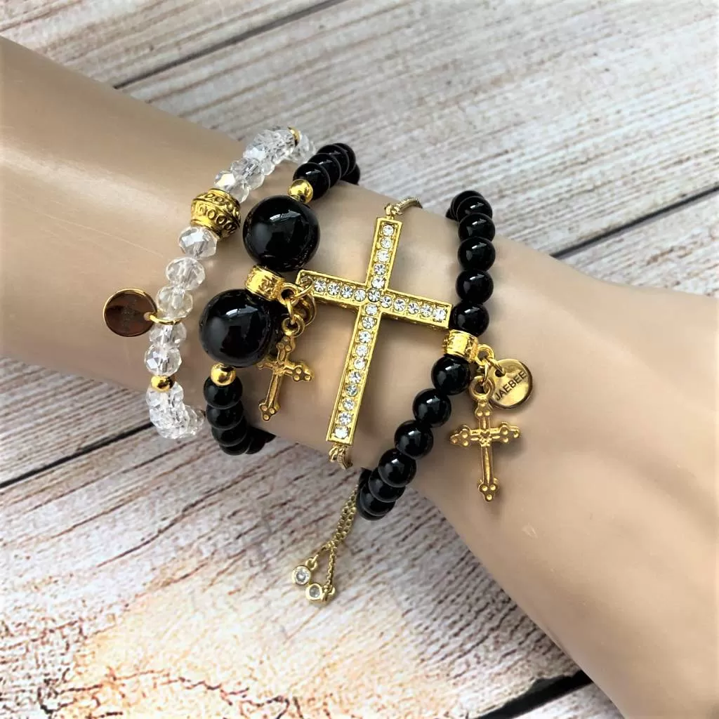 Black and Gold Cross Stack Bracelet Set