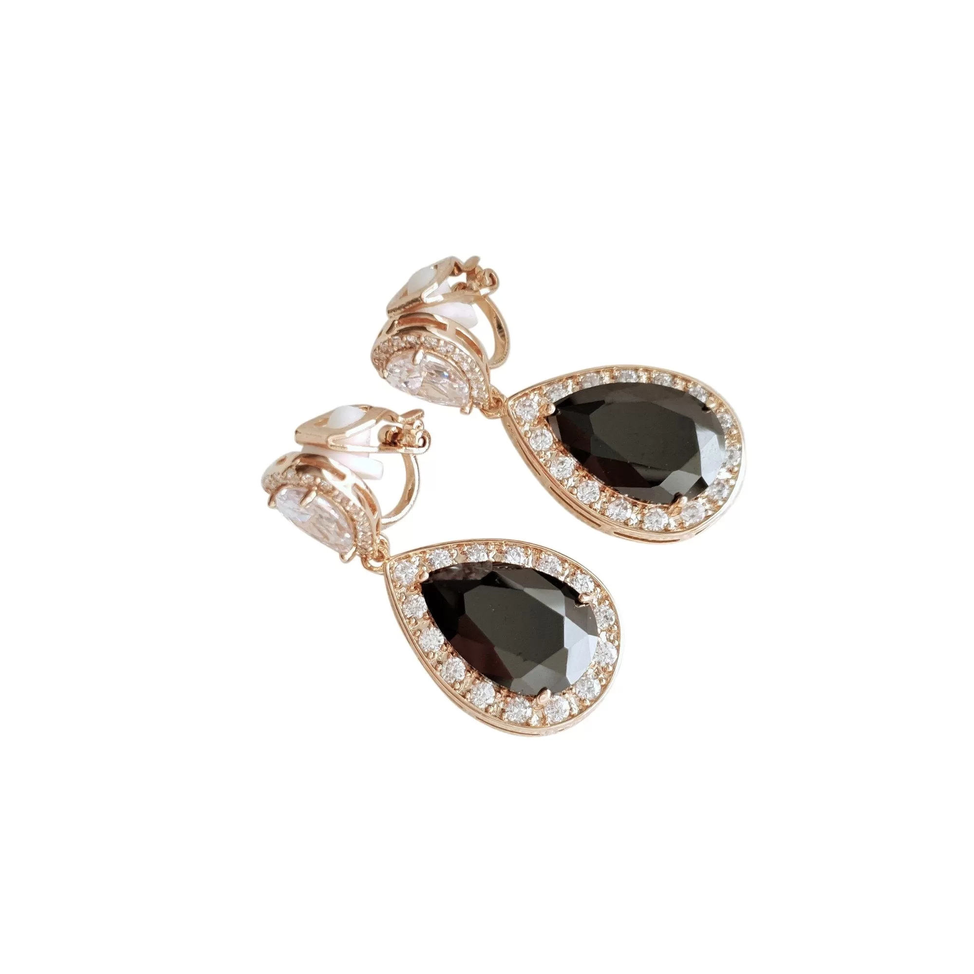 Black Clip On Drop Earrings in Rose Gold-Zoe