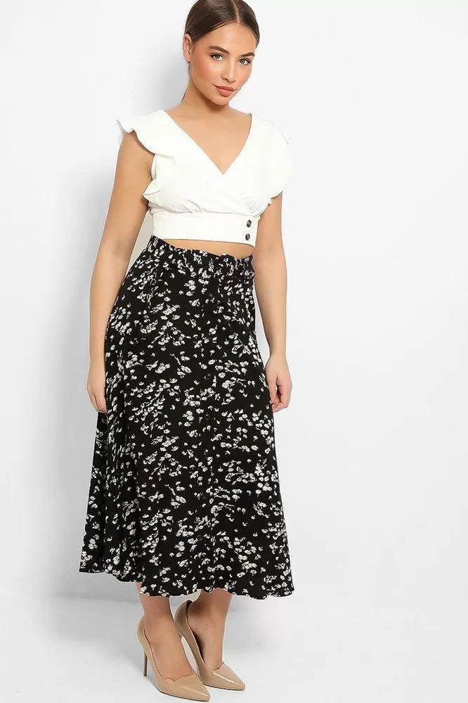 Black Floral Print Belted Buttons Front Skirt