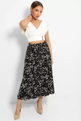 Black Floral Print Belted Buttons Front Skirt