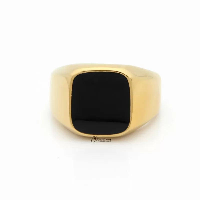 Black Square Flat Top Stainless Steel Signet Ring - Gold