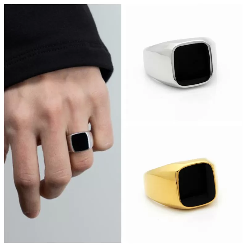 Black Square Flat Top Stainless Steel Signet Ring - Gold