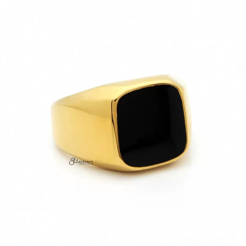 Black Square Flat Top Stainless Steel Signet Ring - Gold