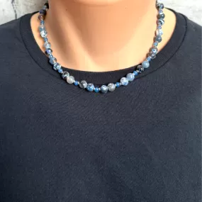 Blue and Storm Line Agate Mens Beaded Necklace