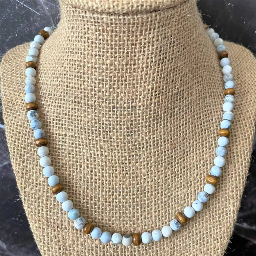 Blue and White Agate and Wood Mens Beaded Necklace