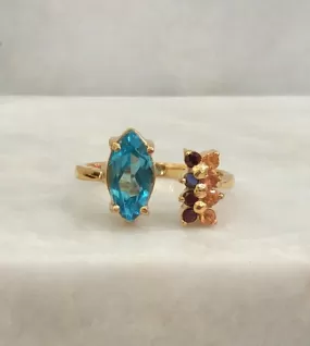 Blue Topaz with Citrines and Garnets Bypass Ring